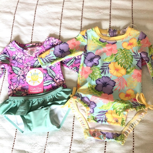 RuffleButts Baby Girls Long Sleeve One Piece Swimsuit w/ UPF 50+ Sun Protection - Picture 10 of 11